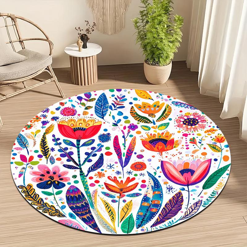 Floral and colorful artistic Flannel-printed round floor mats are slip-resistant Suitable for living room terrace garden carpets