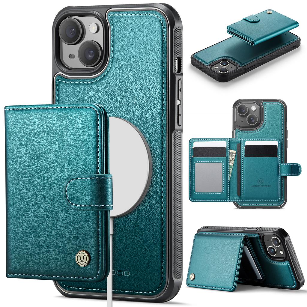 For iPhone 15 Case JEEHOOD J09 RFID Blocking Card Holder Leather Back Phone Cover Compatible with MagSafe