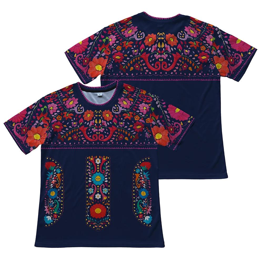 Women's Ethnic Floral Embroidered Style Short Sleeve T-shirts Summer Round Neck 3D Print Tops Fashionable Casual Tops