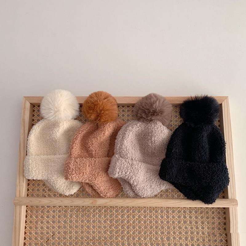 Pompom Plush Ball Baby Ear Protection Hat Solid Color Coral Velvet Kids Beanies Bonnet Winter Warm Children Earmuffs Cap 1-3years
