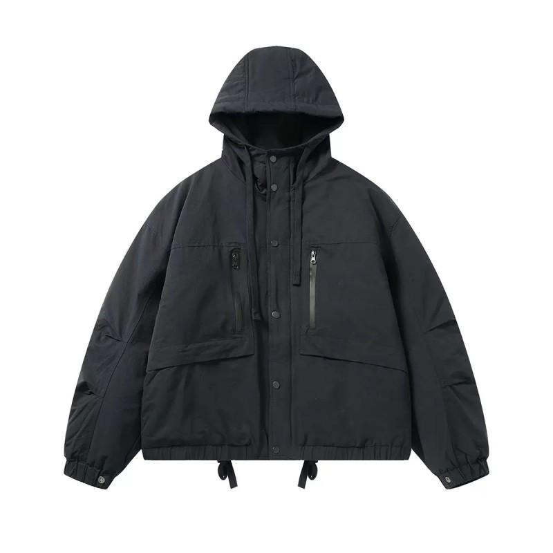Winter Outdoor Hooded Padded Jacket Men Women Solid Color Multi-Pocket Hiking Camping Coat
