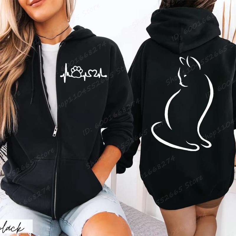 Women Zipper Hoodies Autumn Winter New Cute Cat Heatbeat Line Print Hoodies Streetwear Women Zip Up Jacket Coat Clothing