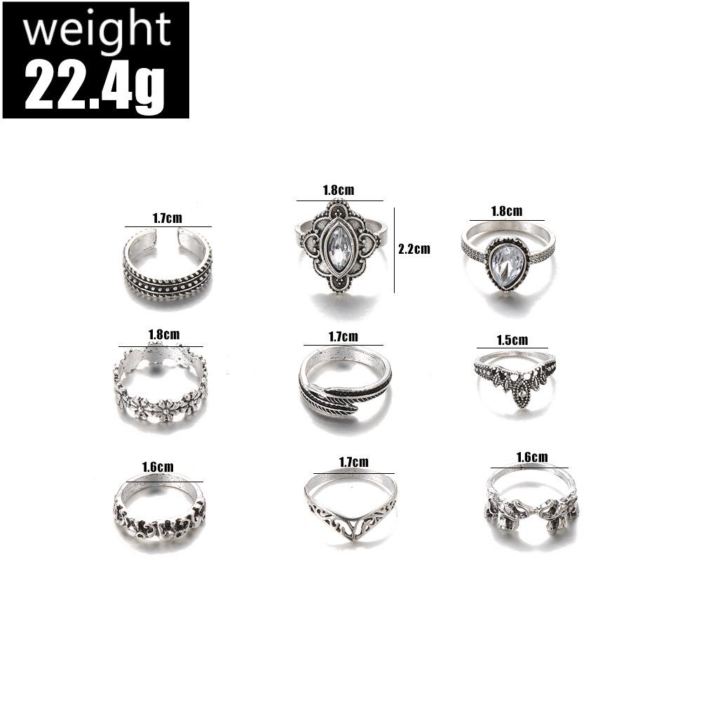 Retro Rhinestone Floral Feather Carved Open Ring Set - 9 Pieces