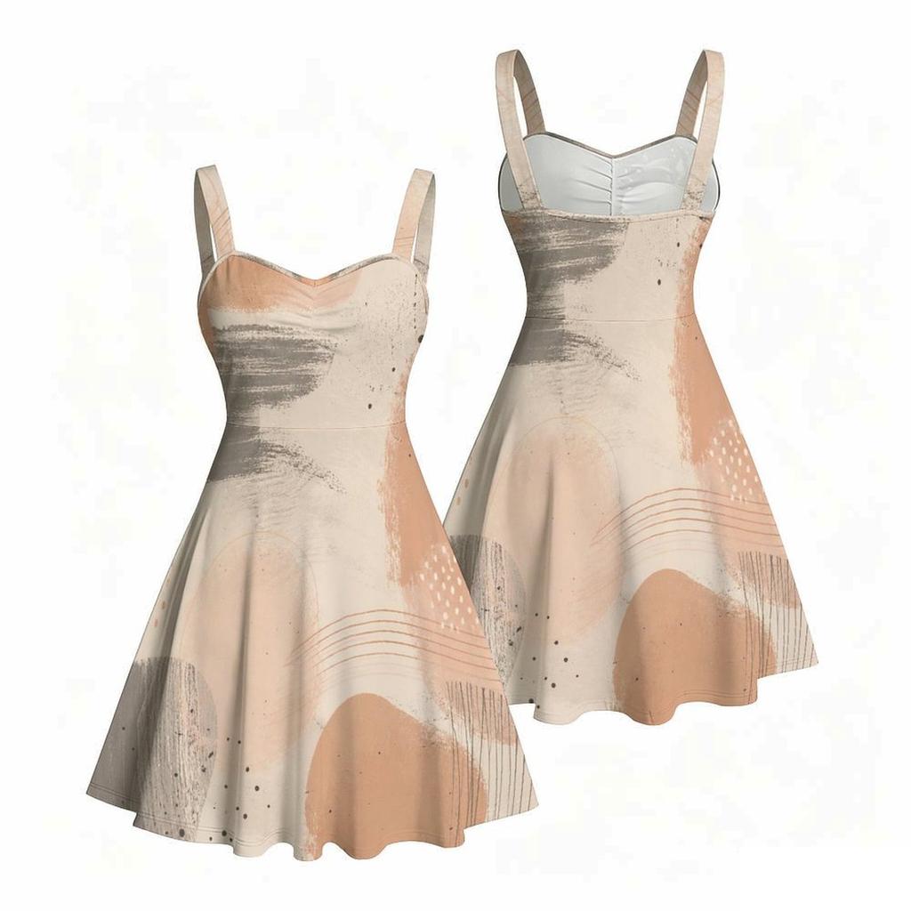 Women Plus Size Strappy Off Shoulder Sleeveless Square Neck Dress Printed Off White Blue Beige Fitted Waist Flared Hem