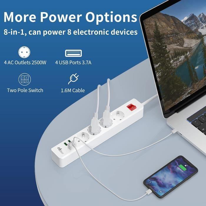 Prise Multiprise - SANAG - 4 Voies - 4 Ports USB - Protection Contre Surcharges - 1,6M
