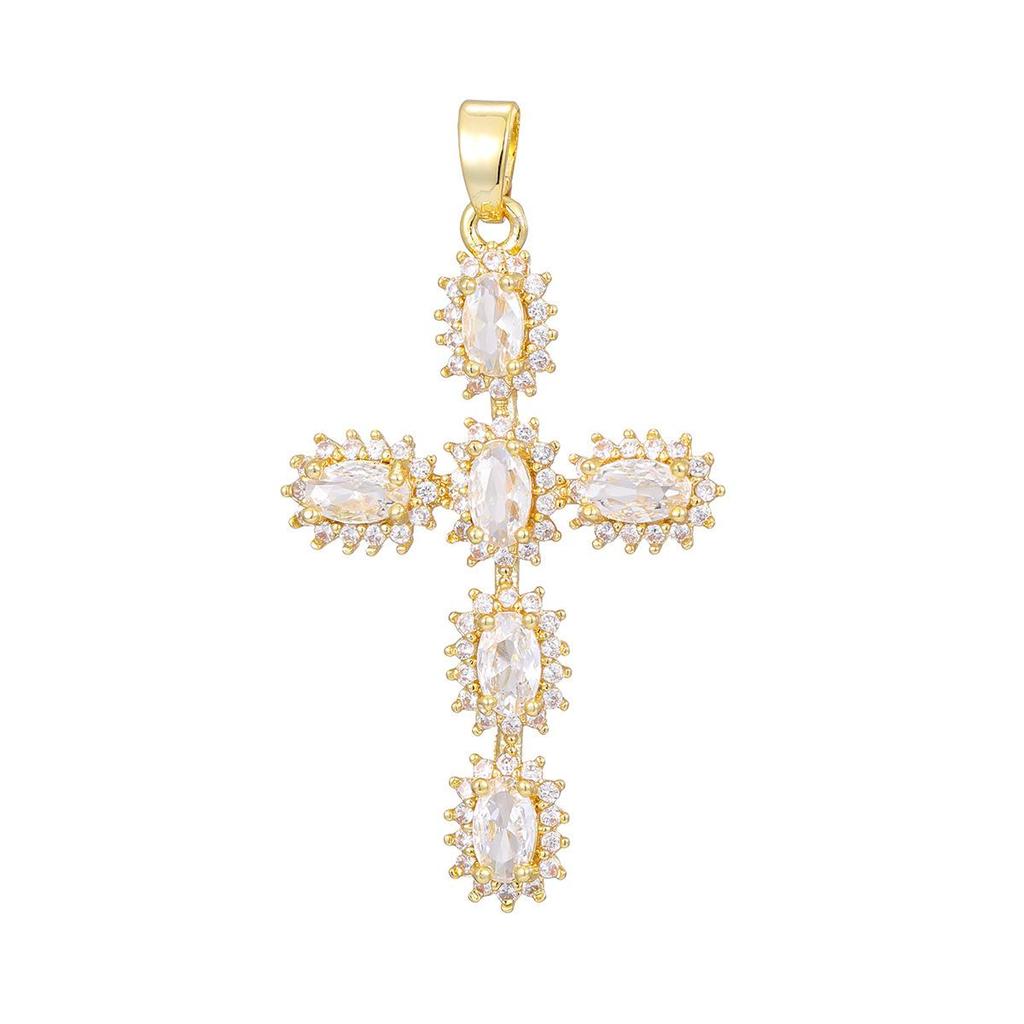Gold-Plated Multi-Color Zirconia Cross Necklace with Full Diamond Design
