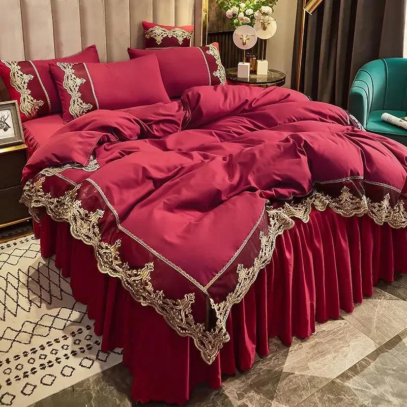European Thickened Lace Edge Bed Skirt 4 Piece Set Matte Non Slip Bed Cover For 1.5m 1.8m Beds