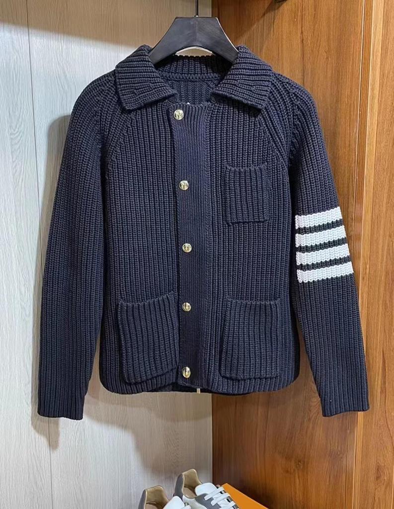 Unisex Korean-Style Cotton Knit Cardigan with Metal Zipper and Four Stripes