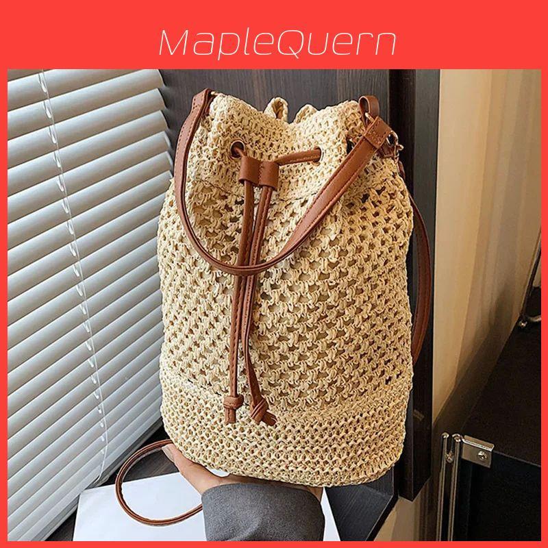 Borsa a secchiello intrecciata da donna con chiusura a coulisse per viaggi estivi casual