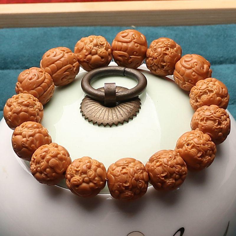 Carved Monkey Head Walnut Pi Xiu Bracelet Men Hand Polished Prayer Beads Wealth 15mm Single Ring