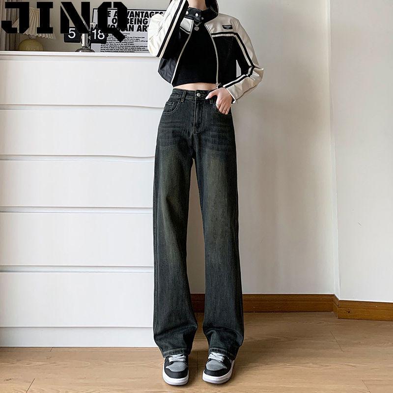 Black-Gray High-Waisted Wide-Leg Jeans for Women - Velvet-Lined, Thick, Loose-Fit, Slimming, Straight-Leg, Floor-Length, Petite, Trendy Pants