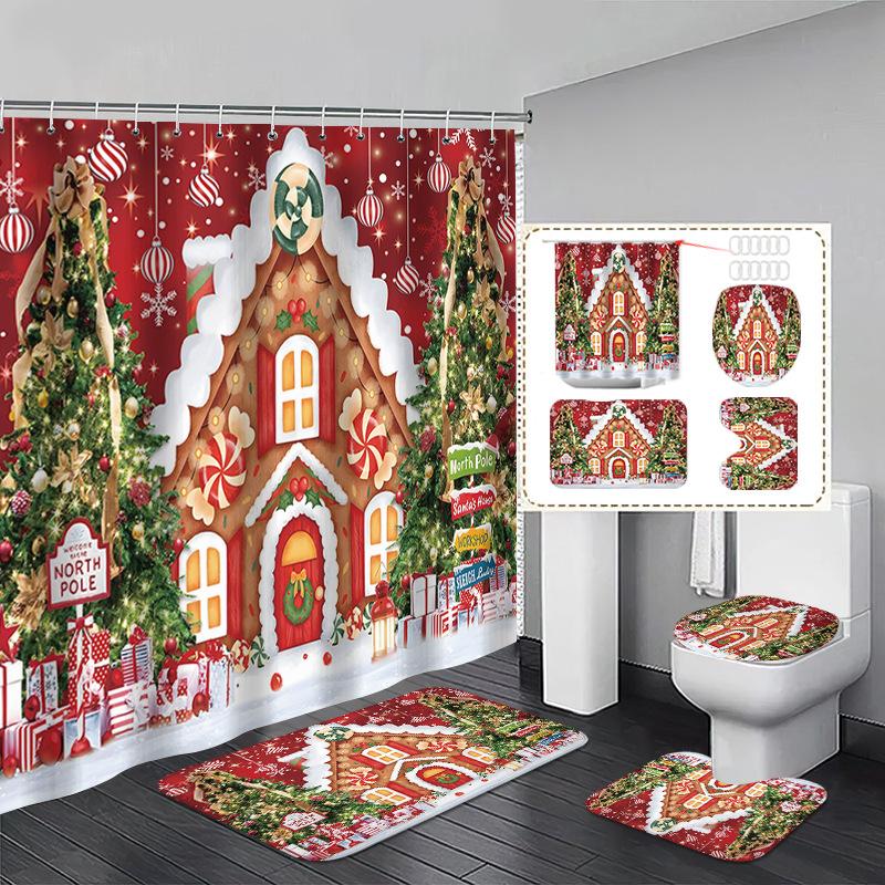 Red Marry Christmas Shower Curtain Santa Claus Printed Waterproof Polyester Bath Curtain For New Year Christmas Bathroom Decor