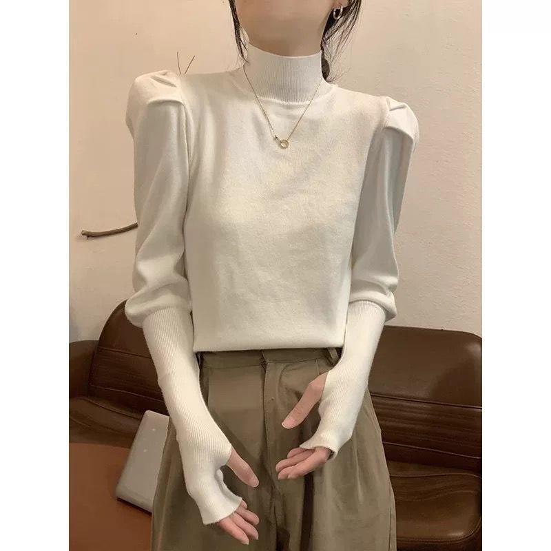Women s Bubble Sleeve Half-High Neck Sweater - Chic Slimming Autumn/Winter Design M (96-105 lbs)