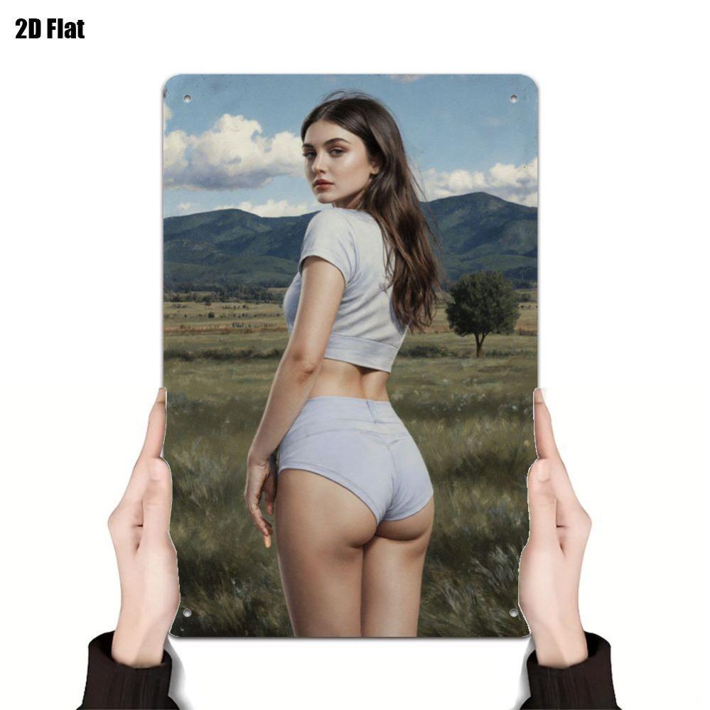 Metalowa Dekoracja Ścienna Vintage Retro Design Krajobrazowy z Postacią Kobiecą - Samotne Drzewo i Odległa Góra Żelazna Sztuka, Wewnątrz na Zewnątrz Dom Kawiarnia Dekor