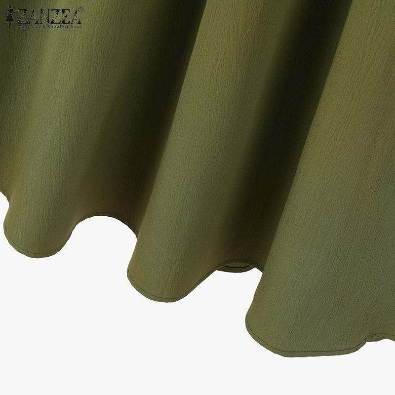 ZANZEA Women Summer Round Neck Long Sleeve Tie Blouse A-Line Skirt Sets