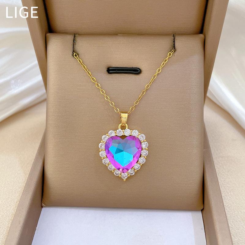 Women s Heart Shaped Crystal Pendant Necklace with Zircon Chain Jewelry one size