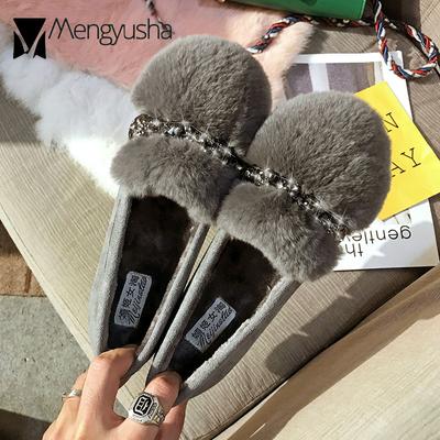 Moda Taglia Forte 42/43 Scarpe di Pelliccia Donna Ballerine con Cristalli AB Vera Pelliccia di Coniglio Mocassini Pelosi Lady Loafer di Peluche Scarpe per Donne Incinte Inverno