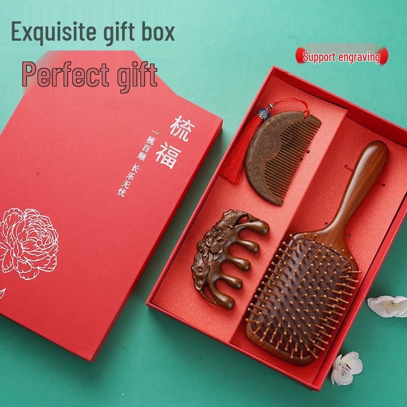 Golden Sandalwood Air Cushion Brush & Wood Comb Gift Set - Scalp Massage Hairdressing Comb for Women, Perfect Nurse's Day Gift.