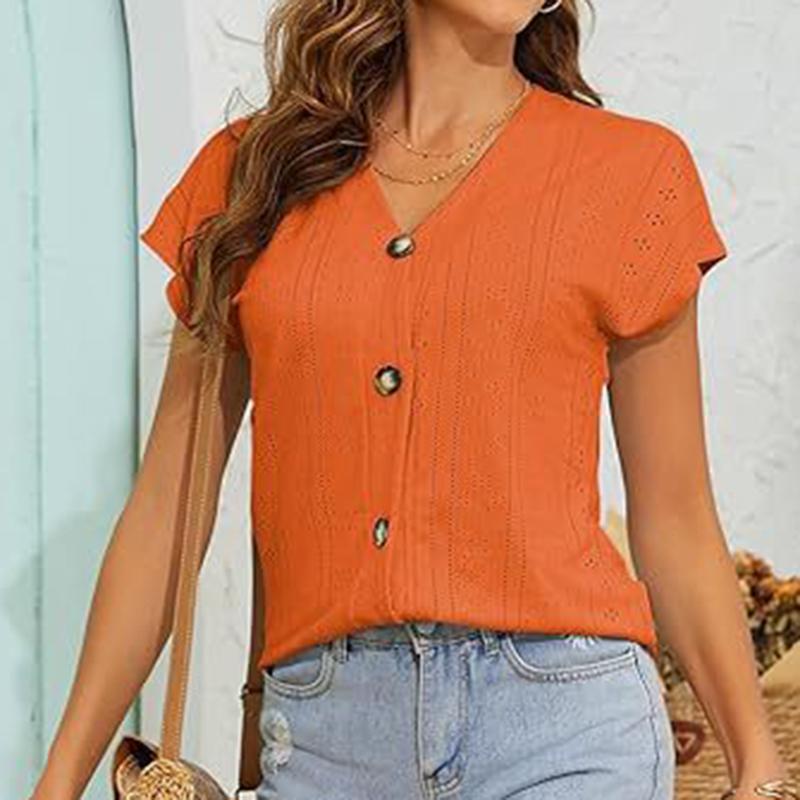 Ladies Summer Short Sleeve V Neck Button Solid Color Jacquard Pullover Hollow T Shirt Top