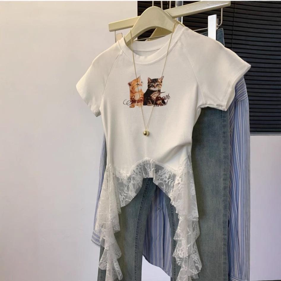 

Irregular Lace Short-Sleeve Top - Summer 2025 Women s Fashion Small чорний
