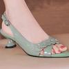 Sandals for Woman Green Footwear Open Toe Diamond Leather Summer 2026 with Medium Heels Women's Shoes Outdoor Office Work Trend