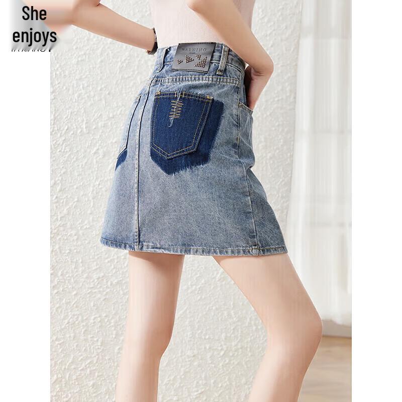 Women s High-Waist Embroidered A-Line Denim Skirt XL