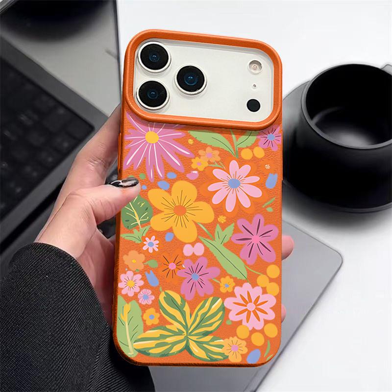 Soft Phone Case For iPhone Air 17 16 15 14 13 12 Pro Max 17 Pro 11 16e Cartoon Flowers Shockproof Leather Texture Silicone Cover