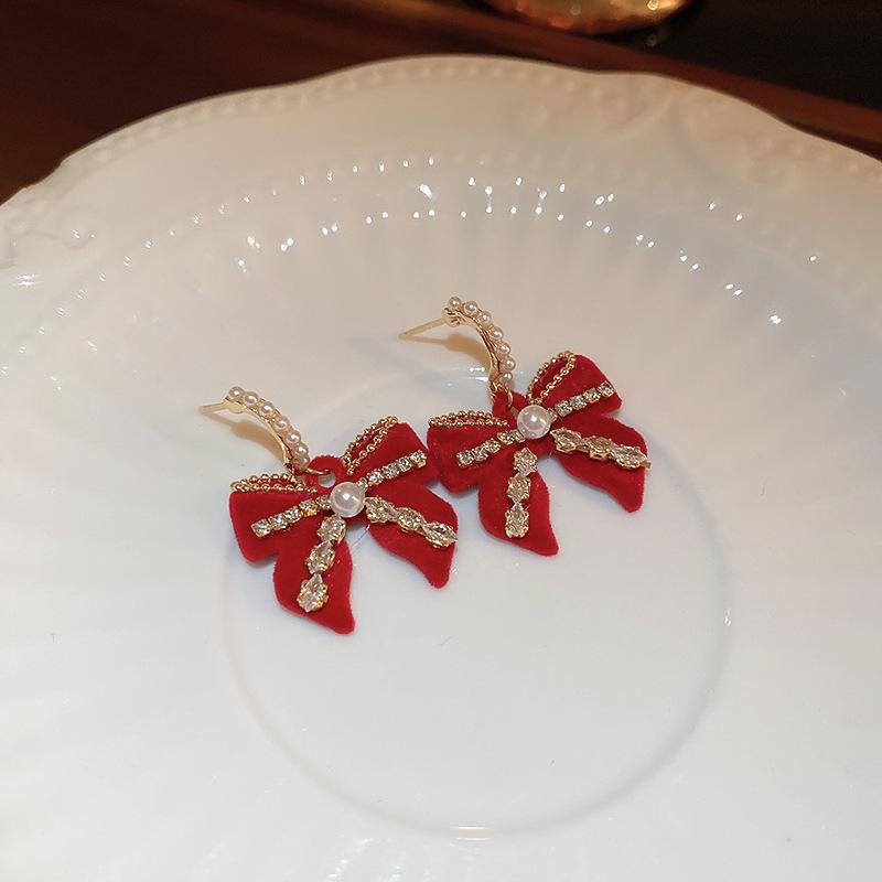 Flocking red bow earrings autumn and winter new niche versatile earrings fashionable elegance temperament earrings women