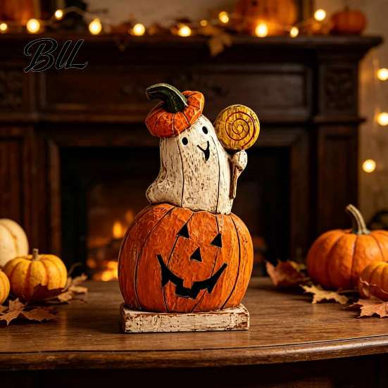Gift for Halloween Enthusiasts Pumpkin Ghost Wooden Figurine, Vintage Tabletop Decor, Jack O Lantern Window Sill Ornaments Statue with Stable