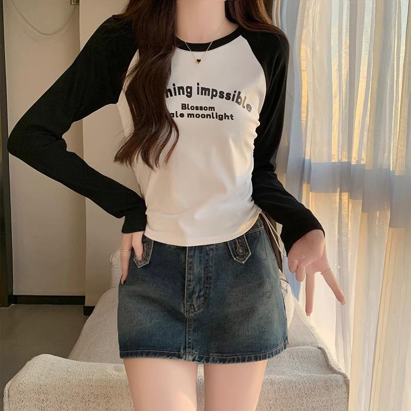 American letter print long-sleeved T-shirt with contrasting color raglan sleeves, pure cotton drawstring waist and age-reducing top for autumn