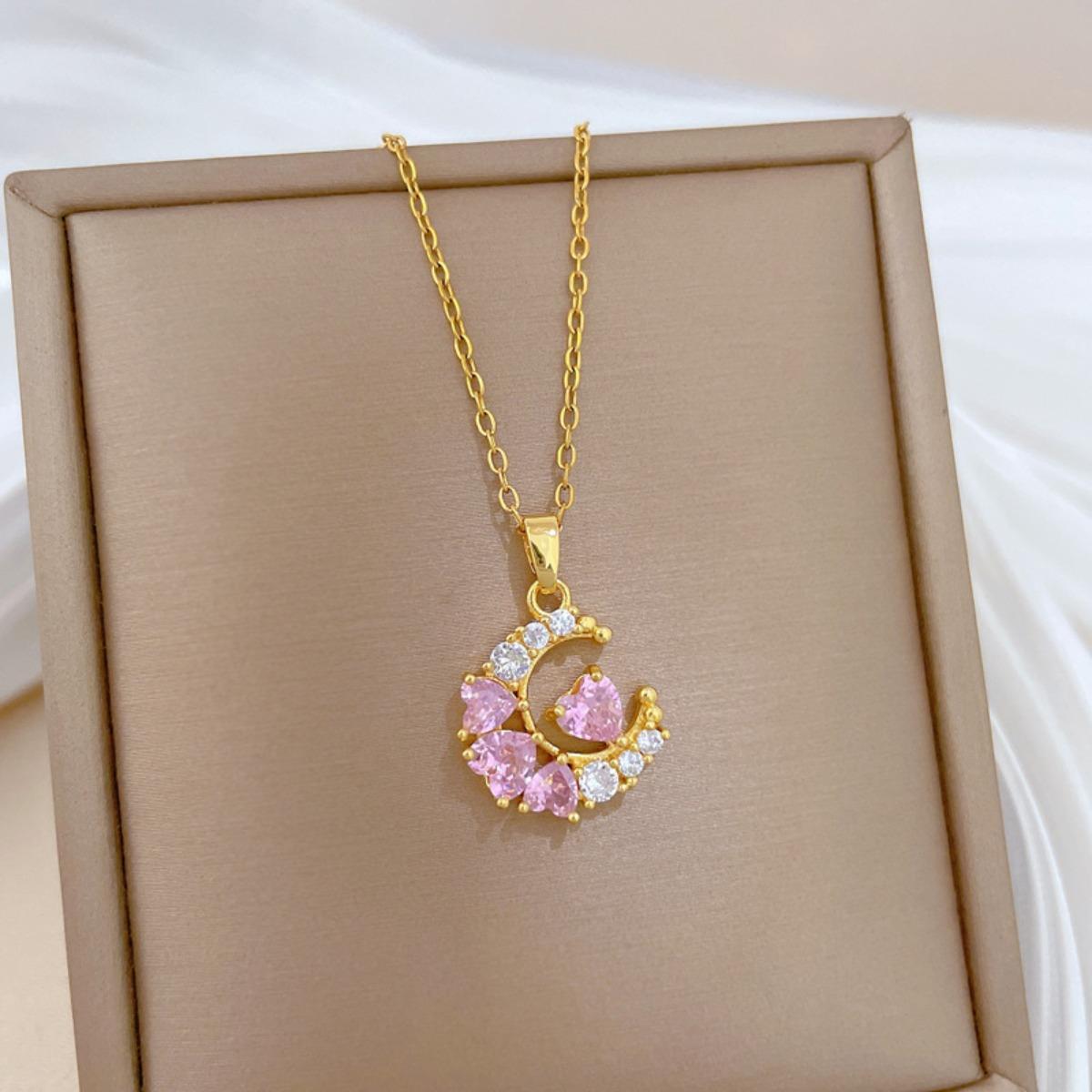 

Romantic Pink Zircon Moon Pendant Necklace Stud Earrings for Women Girls Gold Color Stainless Steel Chain Jewelry Set Gifts