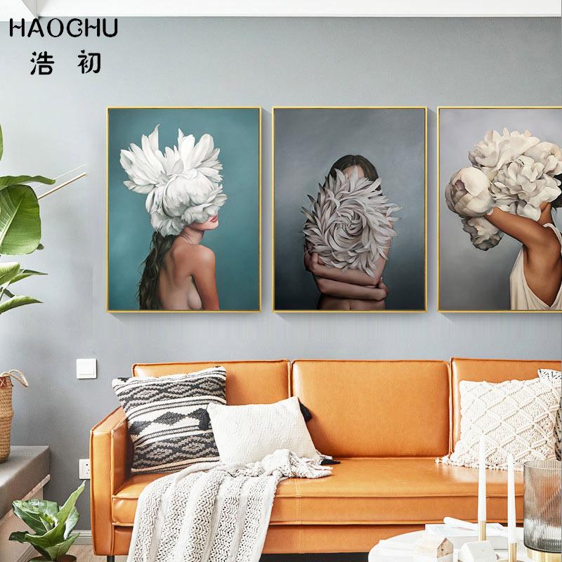 HAOCHU Posters and Prints Flowers Feather Sexy Women Character Canvas Painting Wall Pictures For Living Room Home Decoration