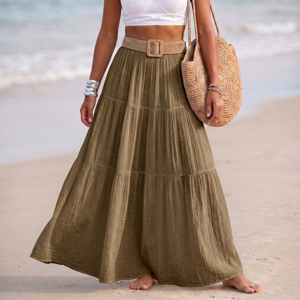 Women Fashion Solid Elastic Waist Patchwork Tiered Maxi Skirt Holiday Beach Linen Blend Casual Long Skirt with Belt