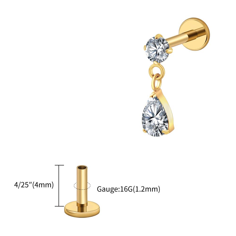 Right Grand ASTM F136 Titanium 16G Teardrop Dangle CZ Labret Stud Waterdrop Tragus Cartilage Earring Flatback Helix Piercing