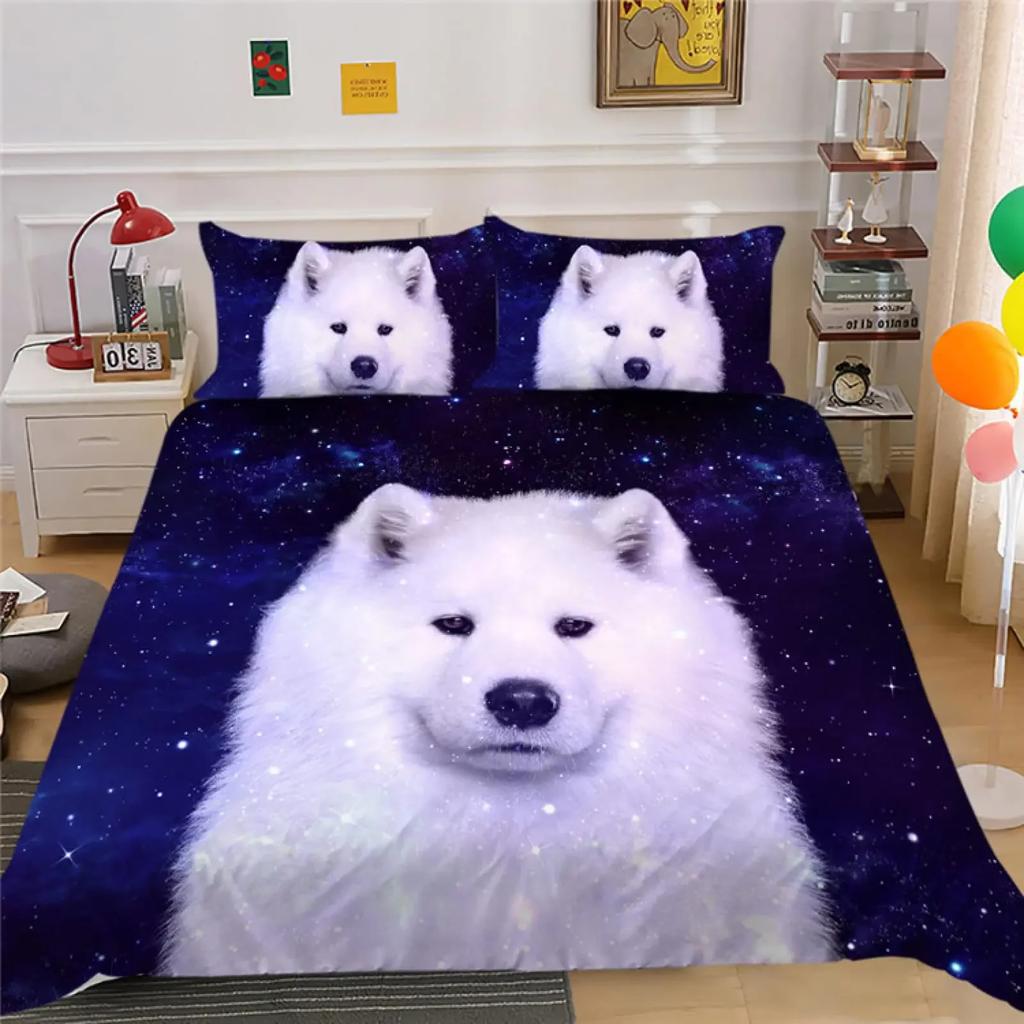 Samojedhund Påslakan King Queen Size Härligt Leende Husdjur Valp Sängkläder Set Vuxna Kvinnor Söt Vit Djur Polyester Täcke