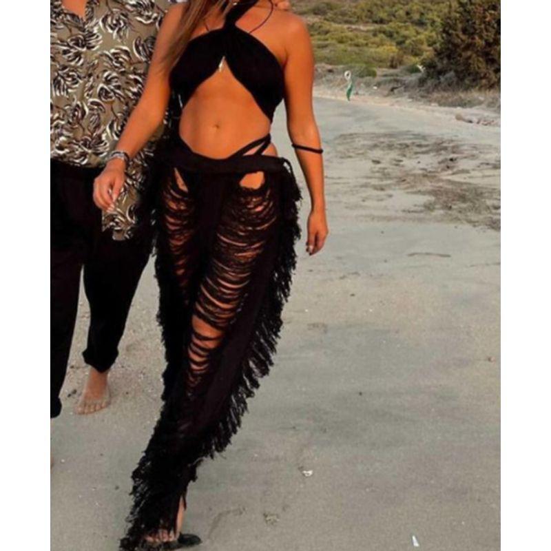 

Прямые брюки с кисточками и полыми отверстиями, рваные прямые брюки с кисточками Black S