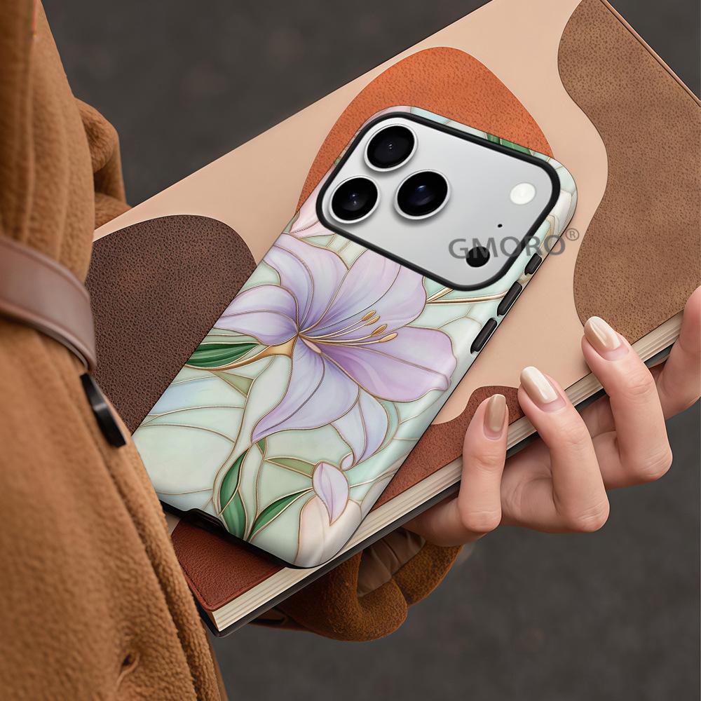 New Chinese gold-painted lily illustration mobile phone case iPhone15 bright two-in-one film case Apple 17 anti-drop