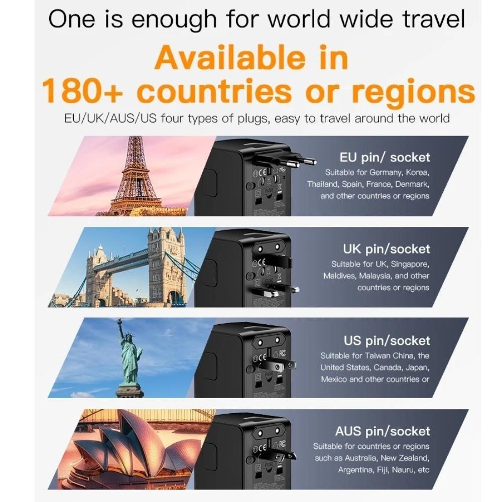 Hochgeschwindigkeits-Reiseadapter für internationale Reisen, 4 USB-Anschlüsse, GaN-Reiseadapter, UK/AU/EU/US