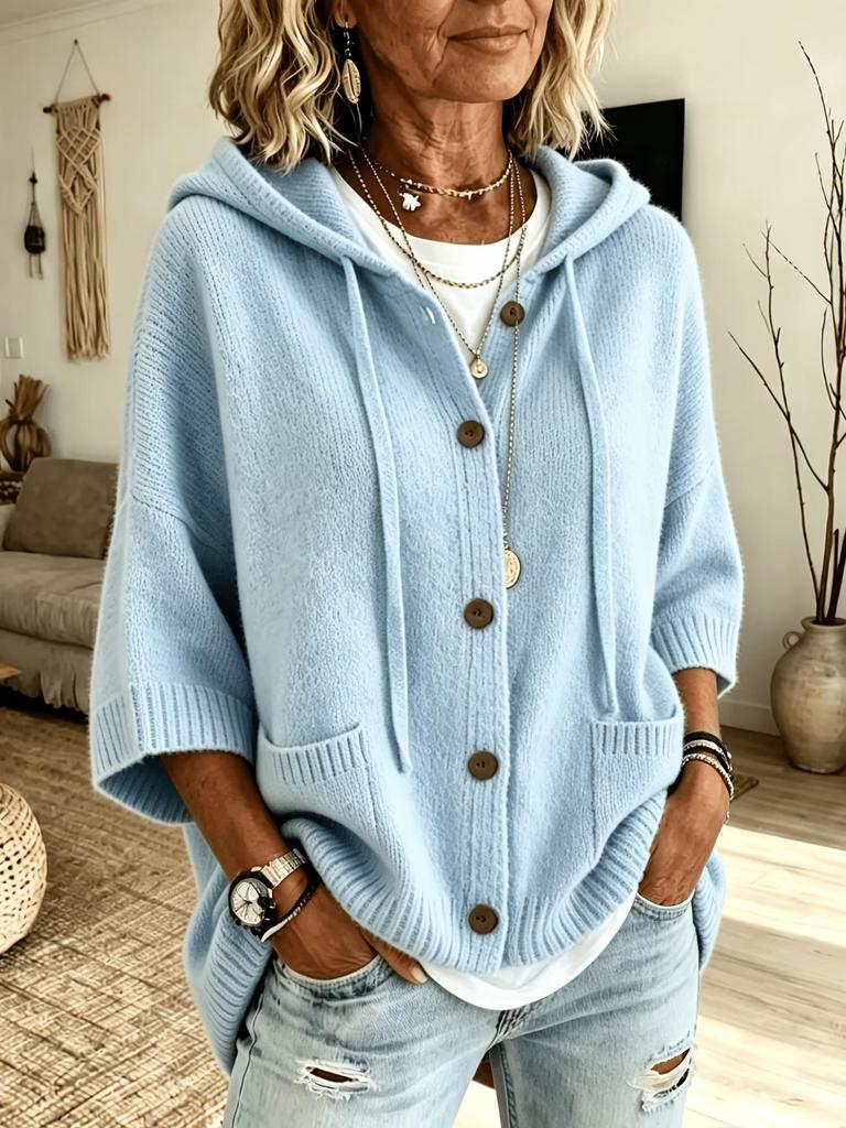 Maglione con Cappuccio Aperto Cardigan Giacca Cappotto Taglie Forti Donna Colore Unito Bottoni Coulisse Caldo Morbido Primavera Autunno Inverno Versatile Pullover