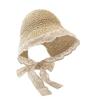 Women's Summer Lace Ribbon Straw Panama Hat Anti-UV Woven Cap with Ponytail Holder Sunshade Beach Outdoor  Visor