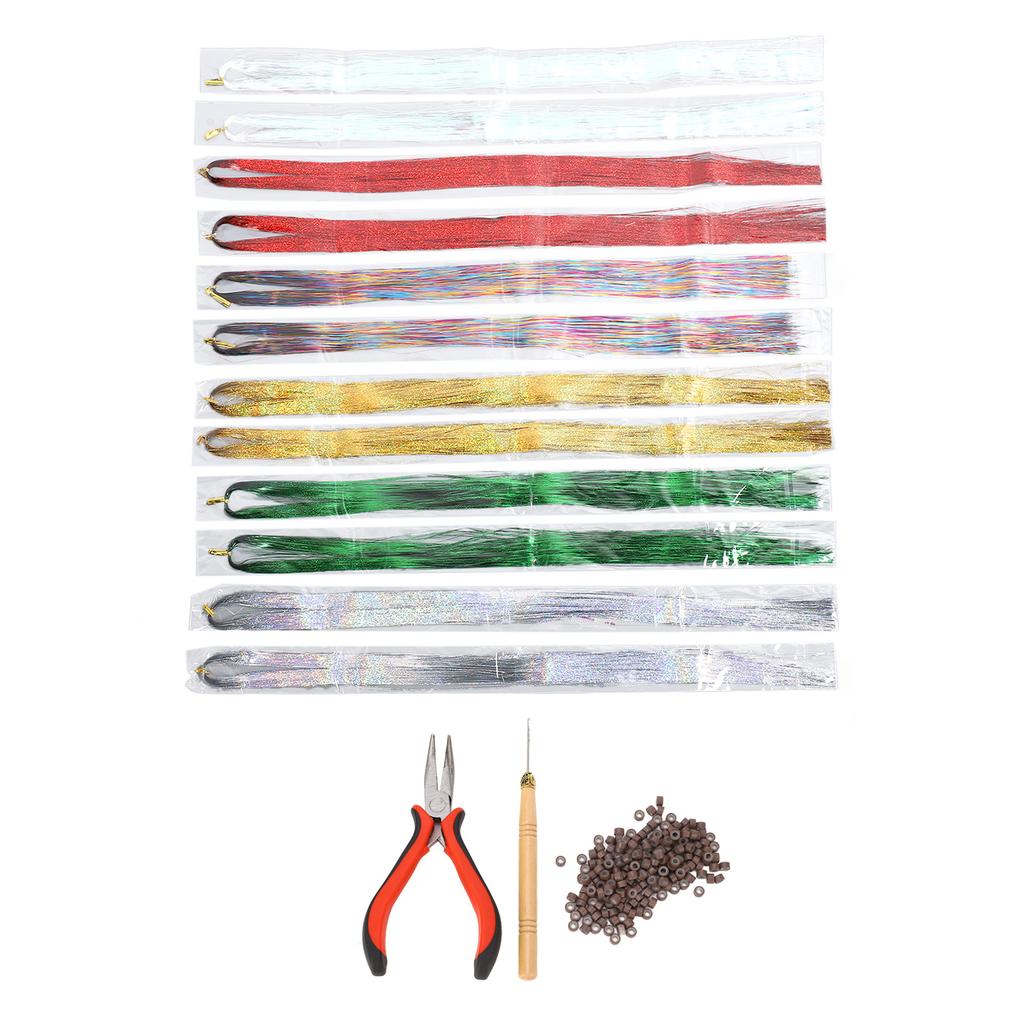 Hair Tinsel Kit 12 Pcs Colorful Glittering Hair Extensions Tinsel Strands with Crochet Hook Pliers