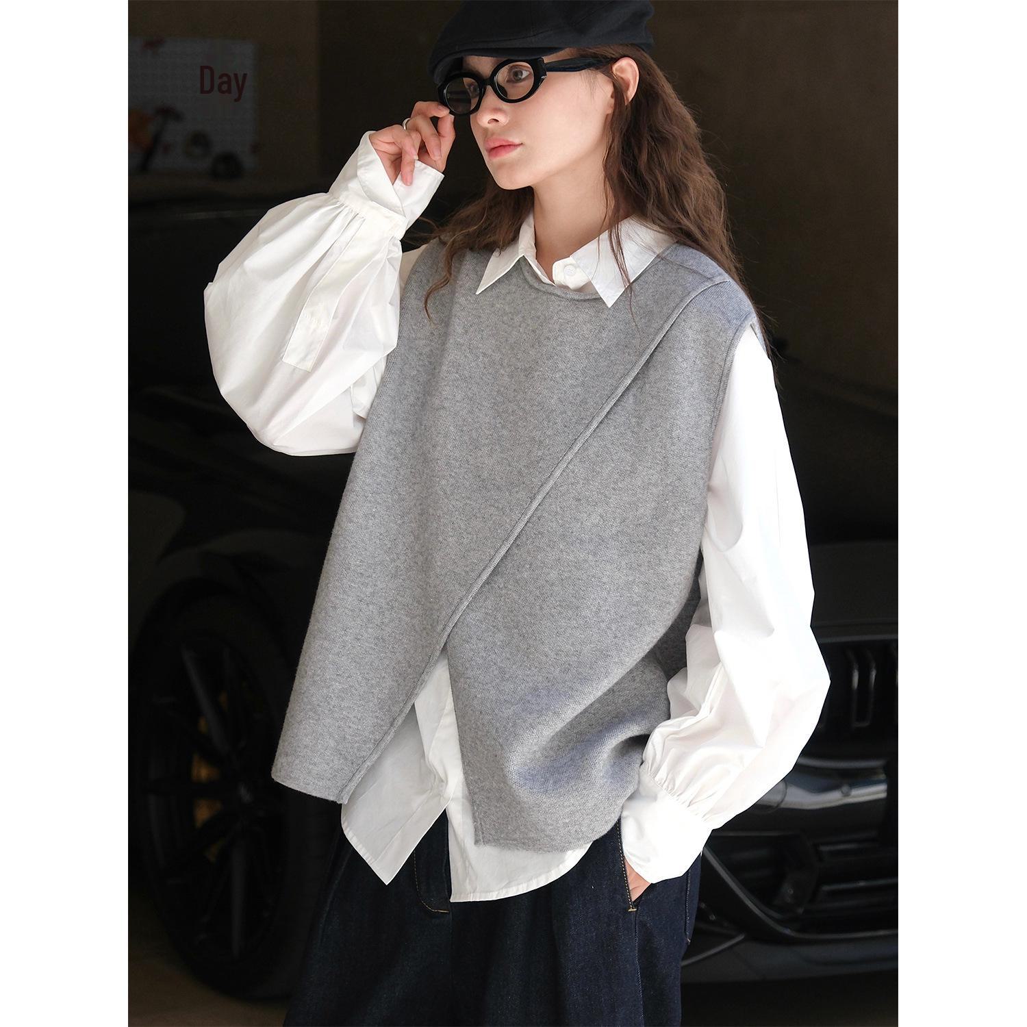 

Louvre Осенний корейский стиль Нерегулярный разрез Жилет для женщин - Тонкий многослойный свободный топ One Size чёрный