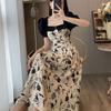Elegant French Style Spliced Square Collar Female Vintage Printed A-Line Waist Summer Fashion Puff Sleeve Midi Dress New