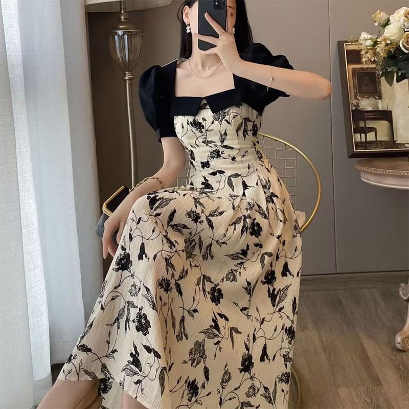 Elegant French Style Spliced Square Collar Female Vintage Printed A-Line Waist Summer Fashion Puff Sleeve Midi Dress New