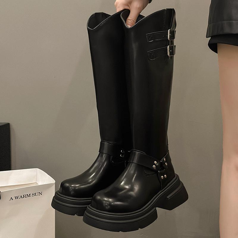 

Длинные кожаные сапоги женские кожаные сапоги 2024 зимние новые сапоги рыцарские сапоги с круглым носком и толстым каблуком зарубежные модные сапоги два вида и высокие женские 40 чёрный