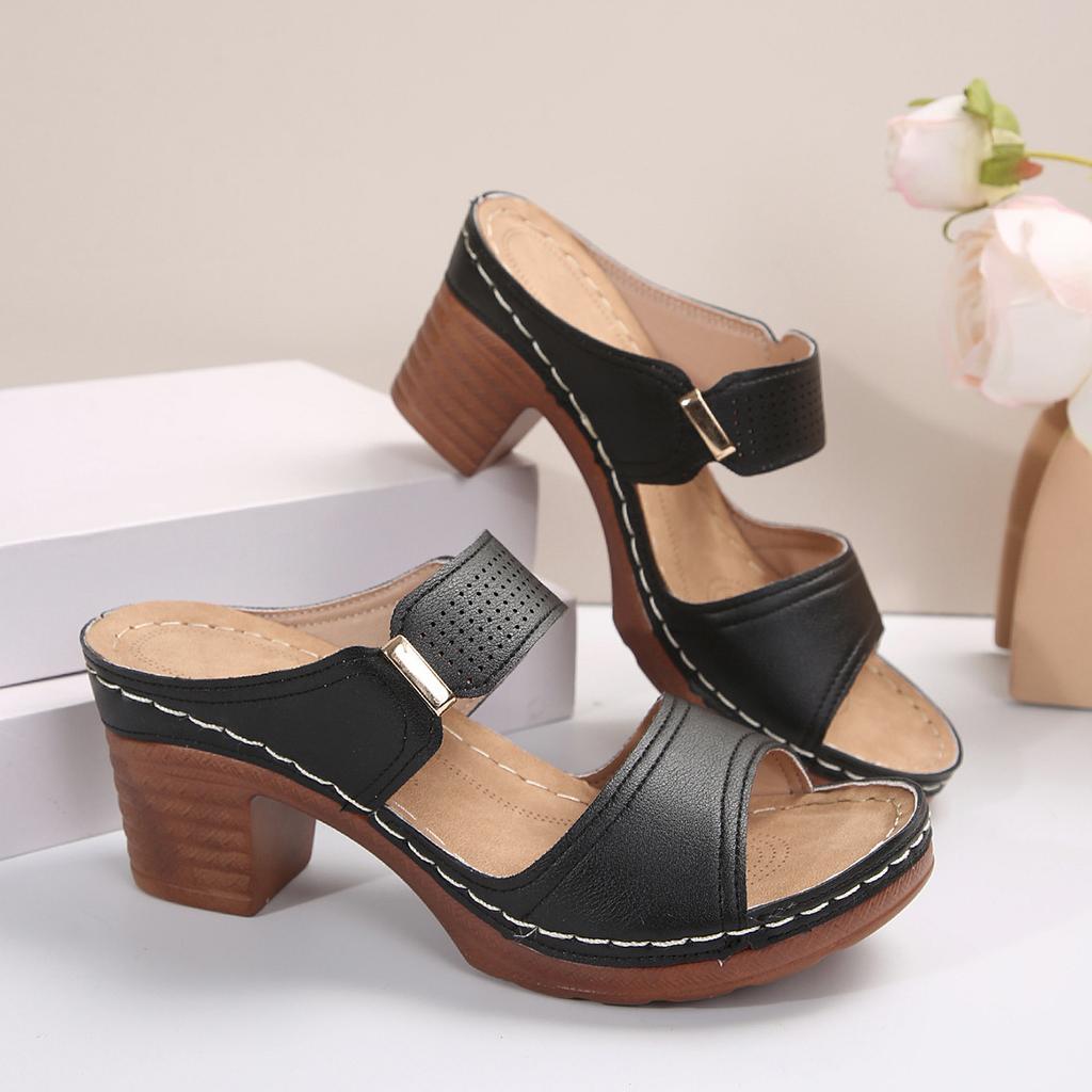 European and American fashion thick high-heeled cool slippers summer new foreign trade large size one-word slippers fashionable and sexy high heels