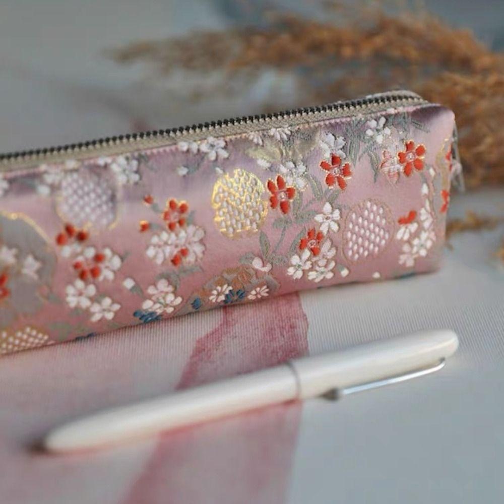 New Chinese Retro Style Pencil Case Damask Embroidery China Bird Flower Art Pen Bag Flannel Lining Beautiful Women Makeup Bag