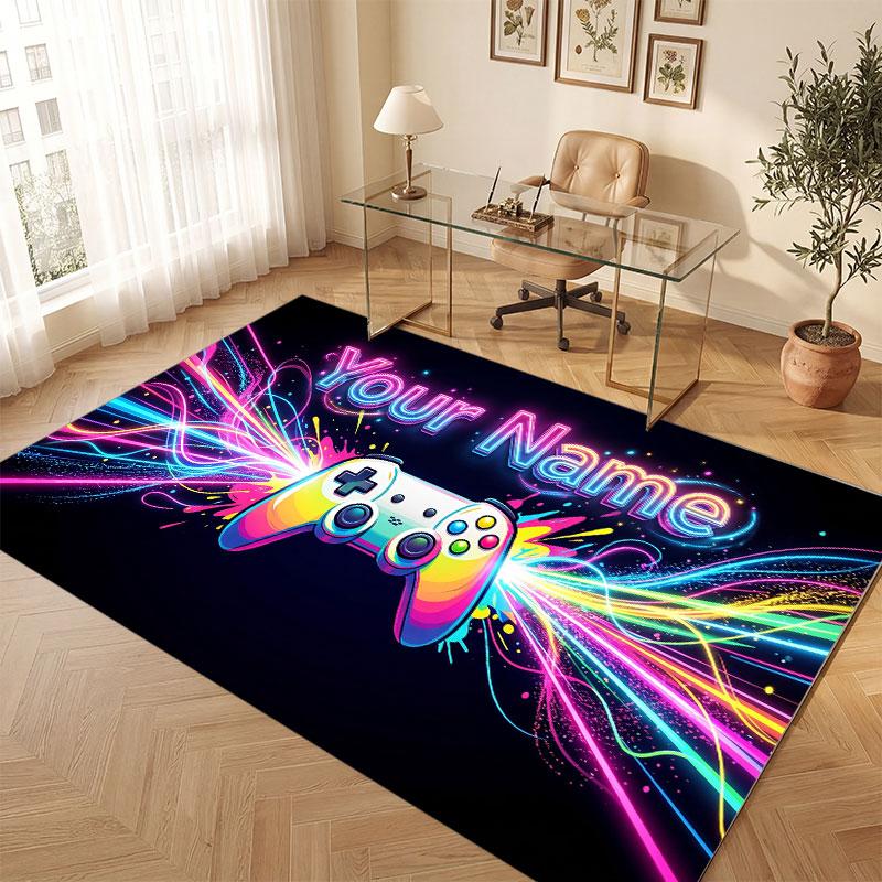 Tapis de sol en velours cristal thème manette de jeu Tapis chaud personnalisé avec nom texte Décoration de maison