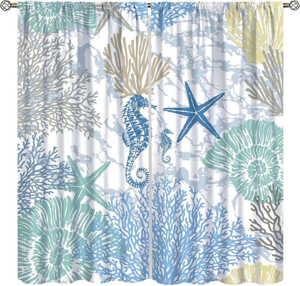 Nautical Ocean Beach Curta,Pink Green Seashell Starfish Coral Coastal Cafe Curta Marine Window Treatment Drapes Home Decor