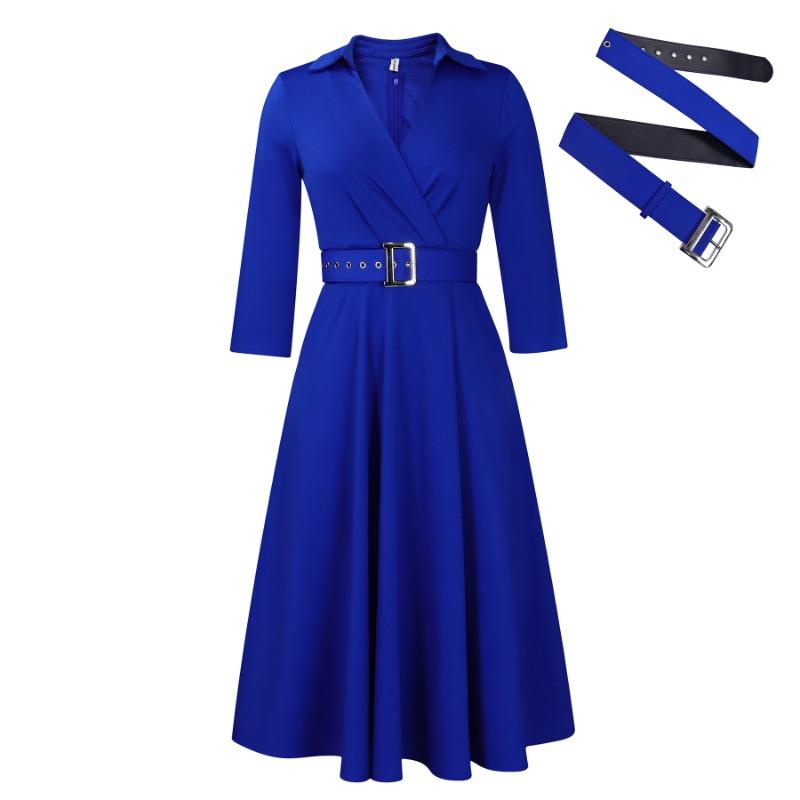 Women's Spring New Fashion Lapel Solid Color High Waist Elegant Large Size Dress